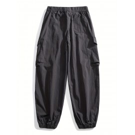 Men's Casual Nylon Cargo Pants with Multiple Pockets - Loose Fit, Solid Color for Spring/Fall