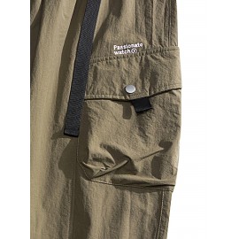 Men's Casual Nylon Cargo Pants with Multiple Pockets - Loose Fit, Solid Color for Spring/Fall