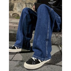 Men's Fashion Solid Loose Fit Straight Leg Jeans, Casual Street Style Denim Pants For Casual Daily Wear