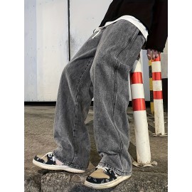 Men's Fashion Solid Loose Fit Straight Leg Jeans, Casual Street Style Denim Pants For Casual Daily Wear