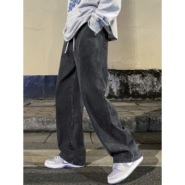 Men's Fashion Solid Loose Fit Straight Leg Jeans, Casual Street Style Denim Pants For Casual Daily Wear
