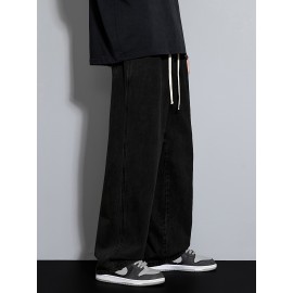 Men's Street Style Wide Leg Denim Jeans, Casual Drawstring Pants, Hip-Hop Loose Fit Jeans