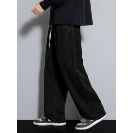 Men's Street Style Wide Leg Denim Jeans, Casual Drawstring Pants, Hip-Hop Loose Fit Jeans