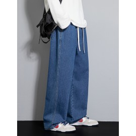 Men's Street Style Wide Leg Denim Jeans, Casual Drawstring Pants, Hip-Hop Loose Fit Jeans