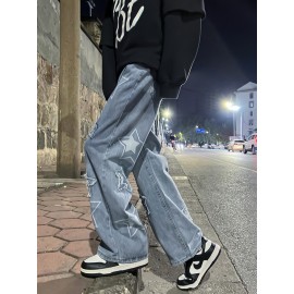 Vintage Men's Korean Denim Pants Y2K Cltohes Streetwear Printed Patchwork Male Baggy Jeans Straight Trousers