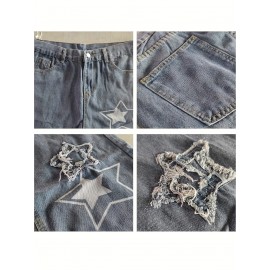 Vintage Men's Korean Denim Pants Y2K Cltohes Streetwear Printed Patchwork Male Baggy Jeans Straight Trousers