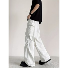 Men's Trendy White Cargo Jeans - Straight Leg, Multi-Pocket Design, Cotton Blend, Machine Washable