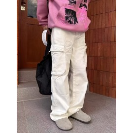 Men's Trendy White Cargo Jeans - Straight Leg, Multi-Pocket Design, Cotton Blend, Machine Washable