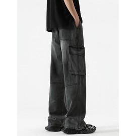 Men's Loose Gradient Color Denim Trousers With Pockets, Causal Drawstring Cotton Blend Jeans For Outdoor Activities