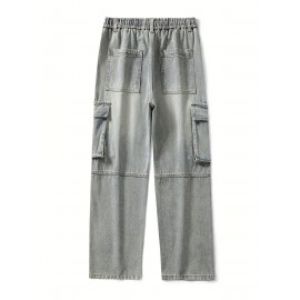 Men's Loose Gradient Color Denim Trousers With Pockets, Causal Drawstring Cotton Blend Jeans For Outdoor Activities