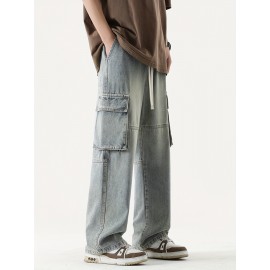 Men's Loose Gradient Color Denim Trousers With Pockets, Causal Drawstring Cotton Blend Jeans For Outdoor Activities
