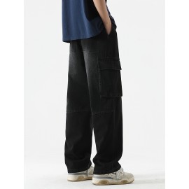 Men's Loose Gradient Color Denim Trousers With Pockets, Causal Drawstring Cotton Blend Jeans For Outdoor Activities