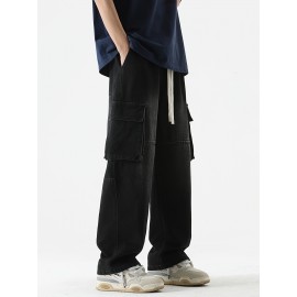 Men's Loose Gradient Color Denim Trousers With Pockets, Causal Drawstring Cotton Blend Jeans For Outdoor Activities