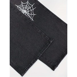 Men's Vintage Style Washed Denim Jeans with Embroidered Spider Web Design – Relaxed Fit, All-Season Casual Wear