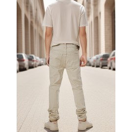 Men's Slim-Fit Stretch Cotton Jeans - Classic White, All-Season Casual Denim with Ripped Detail