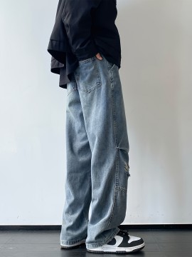 Men'S Casual Denim Jeans with Ripped Details, Mid Waist Regular Fit Non-Stretch Solid Color Jeans with Pockets, Zipper Fly All-Season Cotton Blend Denim for Outdoor Weekend Activities