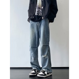 Men'S Casual Denim Jeans with Ripped Details, Mid Waist Regular Fit Non-Stretch Solid Color Jeans with Pockets, Zipper Fly All-Season Cotton Blend Denim for Outdoor Weekend Activities