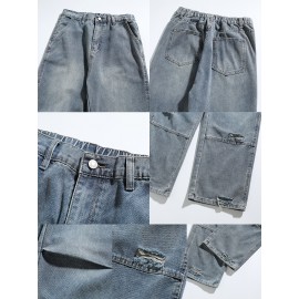 Men'S Casual Denim Jeans with Ripped Details, Mid Waist Regular Fit Non-Stretch Solid Color Jeans with Pockets, Zipper Fly All-Season Cotton Blend Denim for Outdoor Weekend Activities