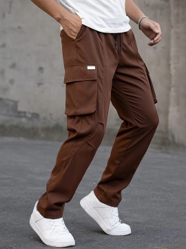 Men's Cargo Pants, Fashionable Casual Workwear, Polyester, Solid Color, Non-Stretch, Regular Fit, Woven Fabric, Novelty Clothing for Men