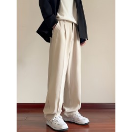 Men's Casual Fashion Pants, Versatile Solid Color, Polyester Fabric, Cropped Length