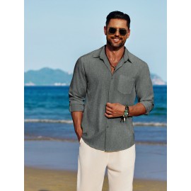 Men'S Polyester Chambray Casual Dress Shirt, Sexy Lapel Collar, Long Sleeve, Solid Color, Slight Stretch Fabric, with Front Slit Hem, Single Breasted Placket, for All-Season Party Wear