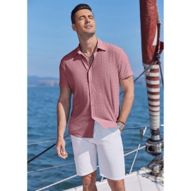 Men's Casual Button-Down Beach Shirt - Short Sleeve, Stretch Fabric, Summer Tropical Top with Turquoise Collar
