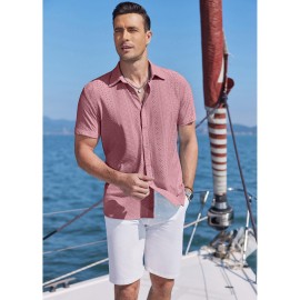 Men's Casual Button-Down Beach Shirt - Short Sleeve, Stretch Fabric, Summer Tropical Top with Turquoise Collar