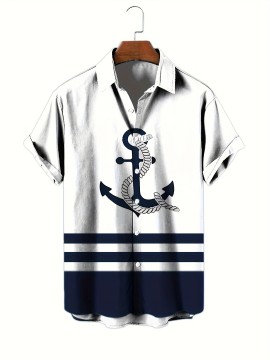 Men's Marine Style Anchor 3D Print Casual Shirt, Button Front Short Sleeve Top, Men's Clothes For Daily Wear/Party