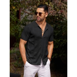 Men'S Summer Casual Knit Button-Down Lapel Shirts - Regular Fit, Slight Stretch Fabric, Solid Color Short Sleeve Casual Shirt with Button Detail