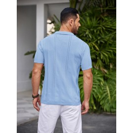 Men'S Summer Casual Knit Button-Down Lapel Shirts - Regular Fit, Slight Stretch Fabric, Solid Color Short Sleeve Casual Shirt with Button Detail