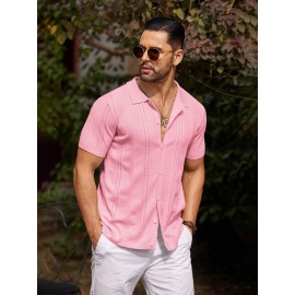 Men'S Summer Casual Knit Button-Down Lapel Shirts - Regular Fit, Slight Stretch Fabric, Solid Color Short Sleeve Casual Shirt with Button Detail