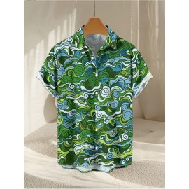 Men's Novelty Geometric Print Button-Up Shirt - Casual, Breathable Polyester, Machine Washable