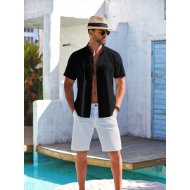 Men's Casual Button Down Cotton Shirts Short Sleeve Band Collar Beach Summer Shirt Tops