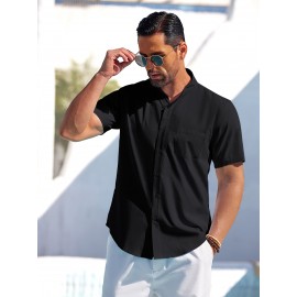 Men's Casual Button Down Cotton Shirts Short Sleeve Band Collar Beach Summer Shirt Tops