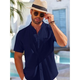 Men's Casual Button Down Cotton Shirts Short Sleeve Band Collar Beach Summer Shirt Tops