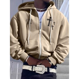 Men's Fashion Cross Print Long Sleeve Hoodie - Classic Zip-Up Design, Casual Style, Ideal For Fall And Winter
