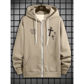 Men's Fashion Cross Print Long Sleeve Hoodie - Classic Zip-Up Design, Casual Style, Ideal For Fall And Winter