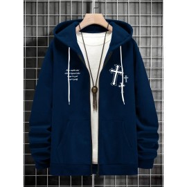 Men's Fashion Cross Print Long Sleeve Hoodie - Classic Zip-Up Design, Casual Style, Ideal For Fall And Winter