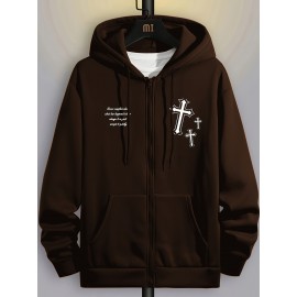 Men's Fashion Cross Print Long Sleeve Hoodie - Classic Zip-Up Design, Casual Style, Ideal For Fall And Winter