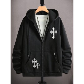 Men's Fashion Cross Print Long Sleeve Hoodie - Classic Zip-Up Design, Casual Style, Ideal For Fall And Winter